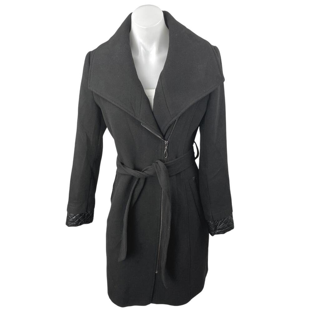 ASM Asmanto Black Zip Up Long Sleeve Wide Collar Belted Trench Coat Jacket Sz 8